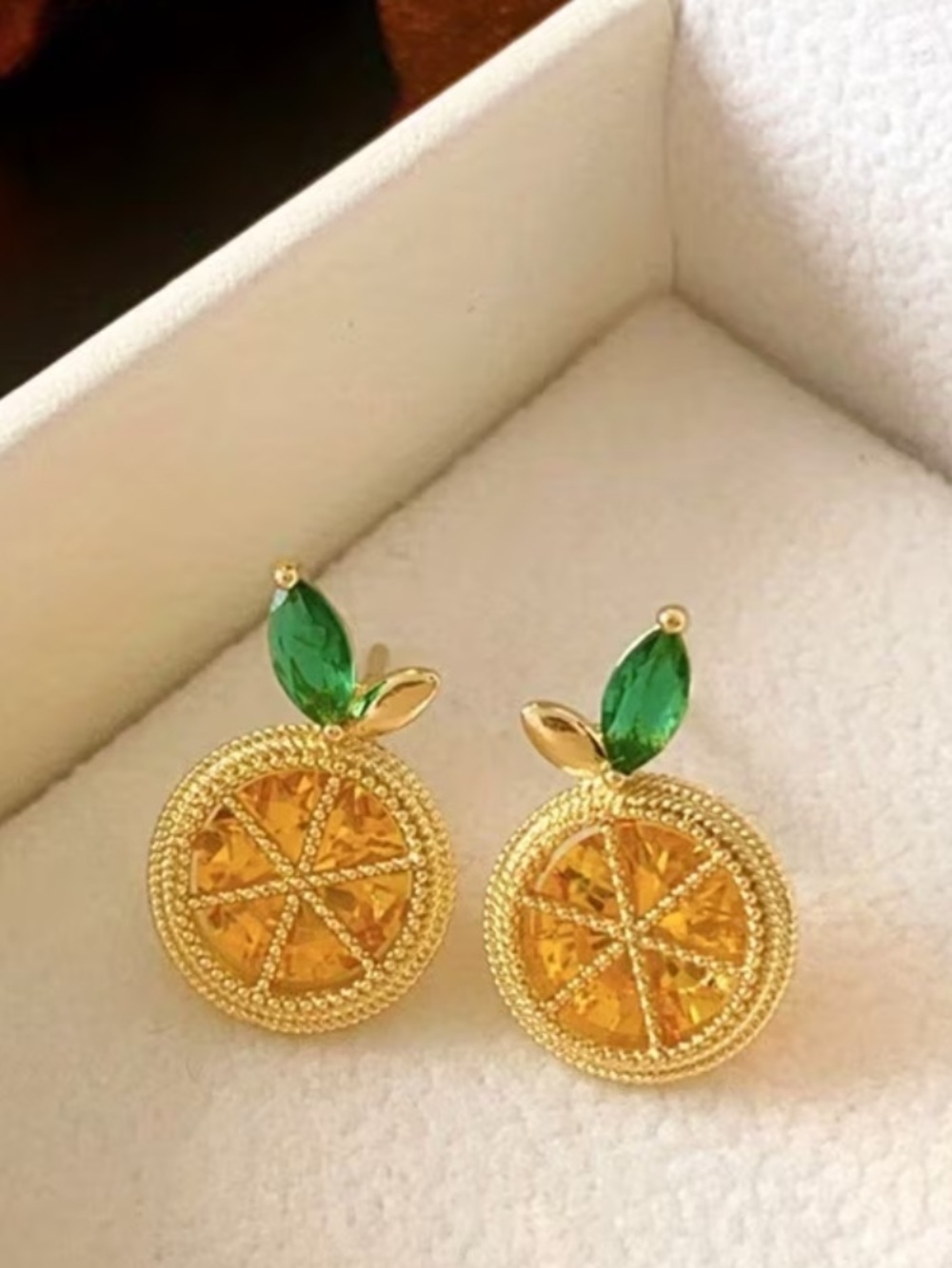New Gold-Tone Orange Slice Stud Earrings with Green Leaf Crystals